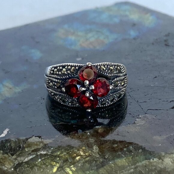 Sterling Silver 925 Multi Gemstone Garnet & Marcasite Floral Band Ring Sz 6.25 - Picture 15 of 16